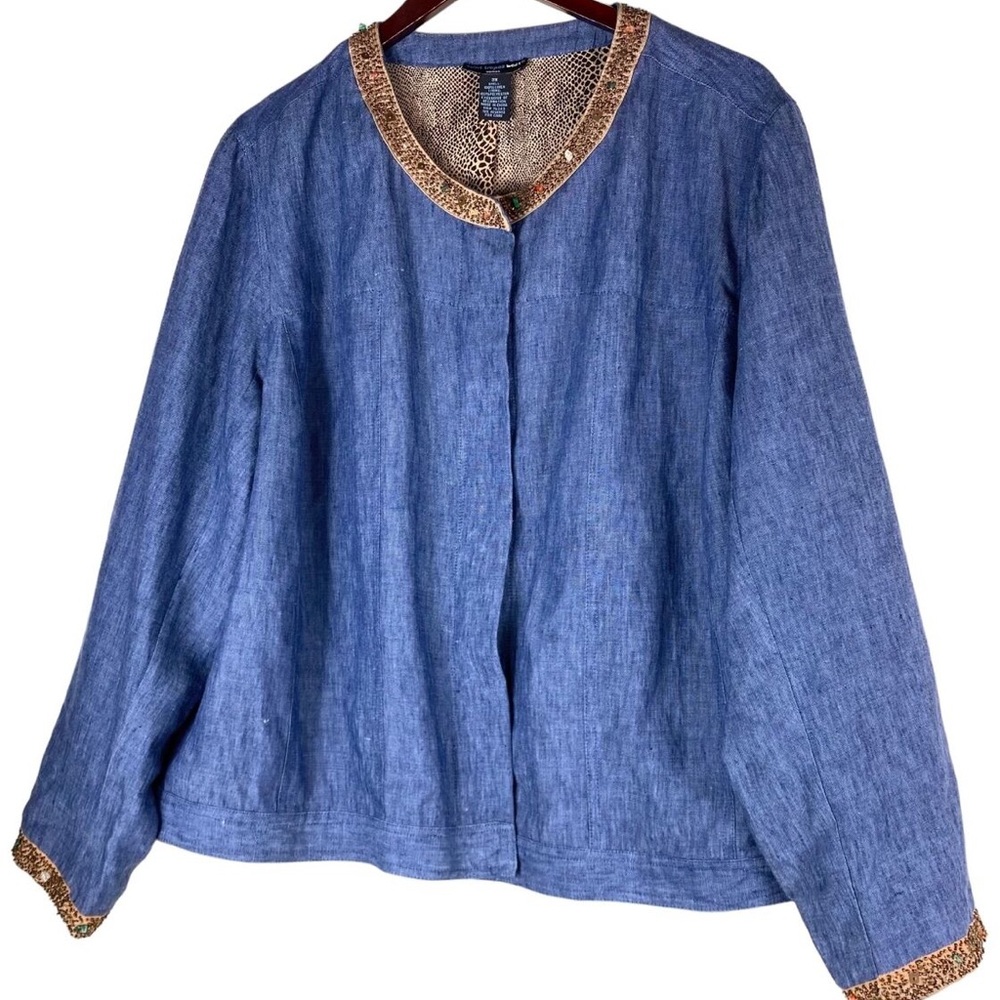 Blue Denim Jacket With Patterned Trim - image 1